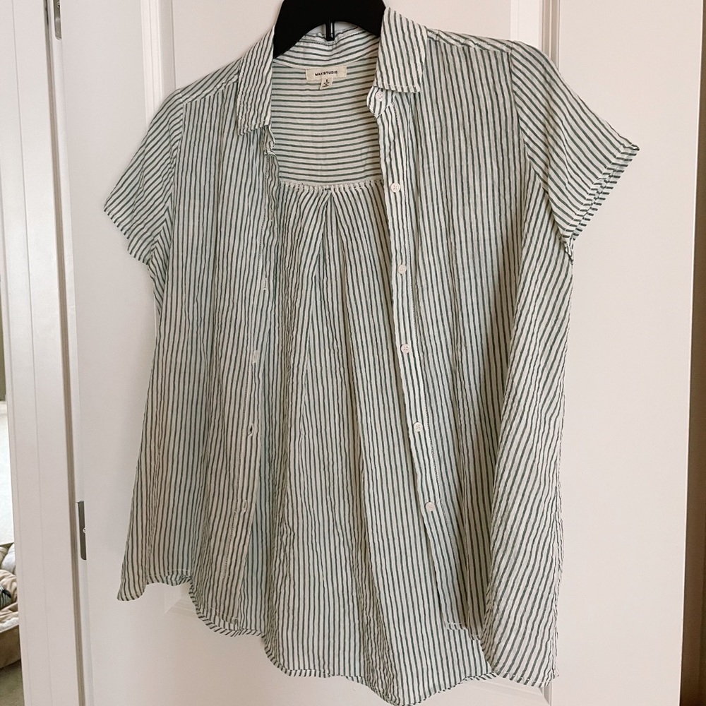 Max Studio green and white striped button up tee